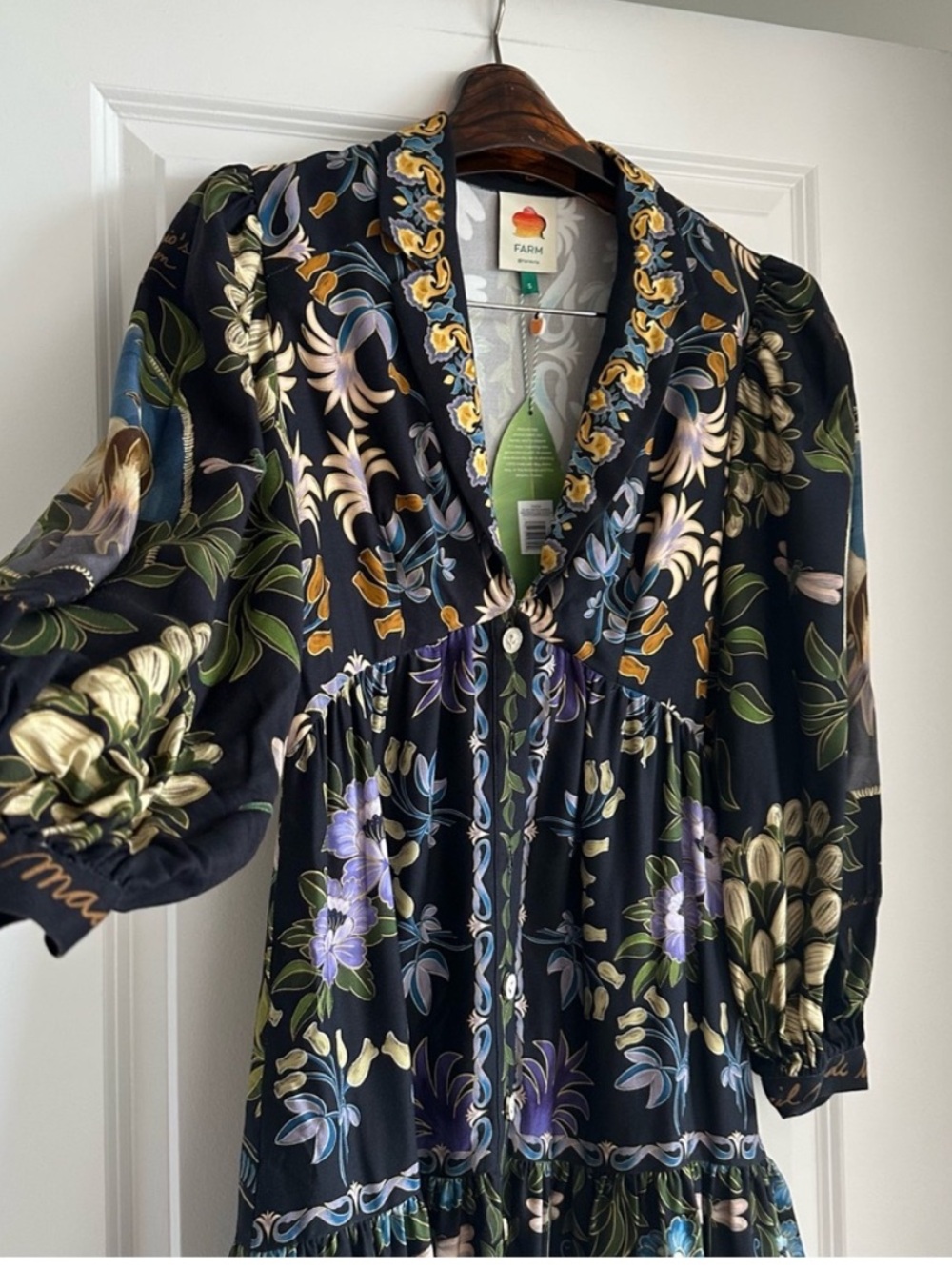 Farm Rio Black Winter Garden Mini Dress Long Sleeves